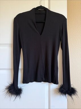 Black Feather Cuff Ribbed V-Neck Long Sleeve Top